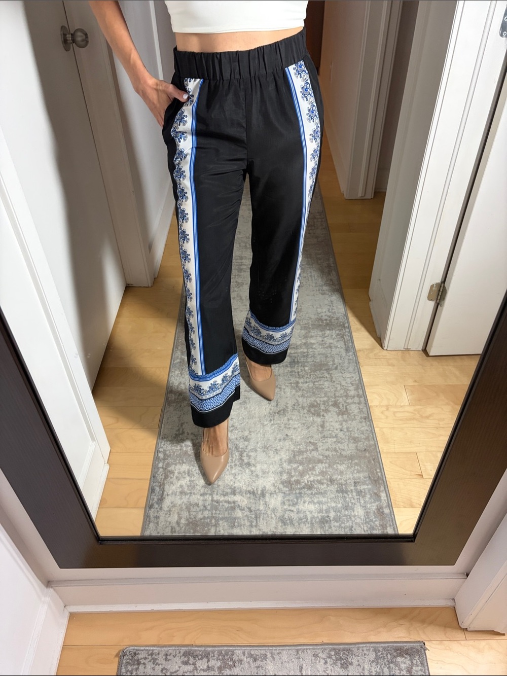 Black Wide-Leg Pants with Blue Floral Side Panels